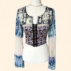 Free People Patchwork Corset Style Bell Sleeve Top